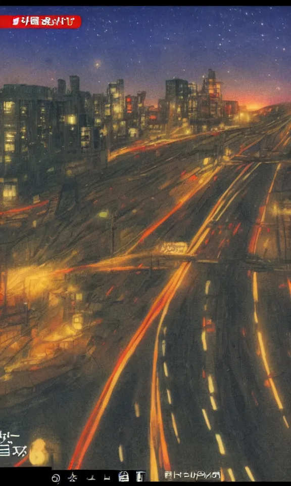 Prompt: screenshot of highway at night in Hayao Miyazaki movie