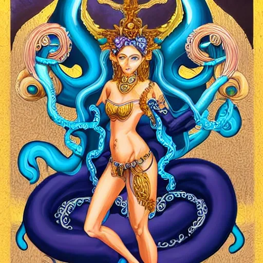 Image similar to kali is a goddess, she has blonde hair and blue eyes, and has the ability to form tentacles. 8 k fantasy art, highly detailed and intricate illustration