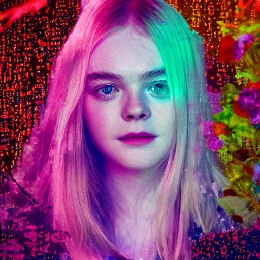 Prompt: Elle Fanning in a garden, VHS glitch art, neon like art