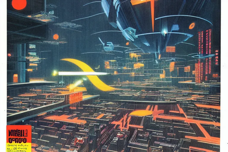 Prompt: 1979 OMNI Magazine Cover of a sprawling library with floating wizards in neo-Tokyo in cyberpunk style by Vincent Di Fate