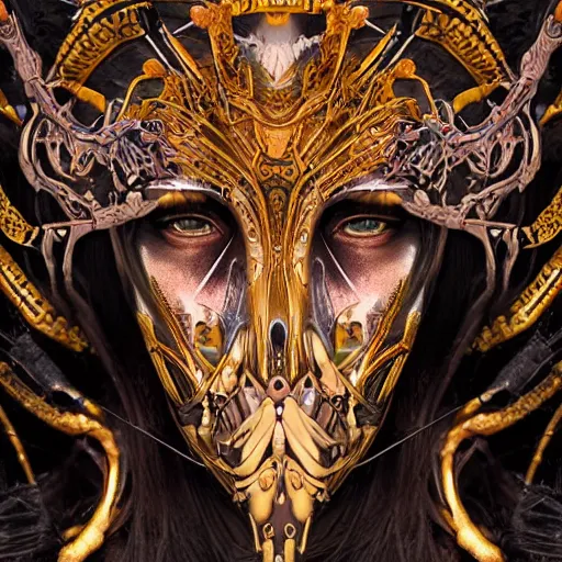 Image similar to Elden Ring themed painting of hybrid majestic aztec warrior princess fantasy biomechanical human beautiful immortal feminine angel symmetrical face angry mask closeup face breathing mask tattoo pattern golden ratio concept, deep forest psytrance Neo-Gothic concept, infinity glyph waves, intricate artwork masterpiece, very coherent artwork, cinematic, full frontal facial features by Artgerm, Takato Yamamoto, Zdizslaw Beksinski, Johnatan Wayshak, Moebius, Ayami Kojima, very anatomically coherent artwork, trending on cgsociety, ultra high quality model, production quality cinema model, high detail chromatic ink outline, octane render, unreal engine 8k, hyper realism, high detail, octane render, unreal engine, 8k, High contrast