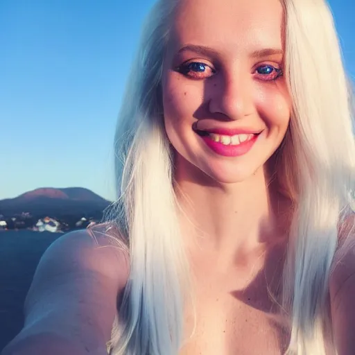 Image similar to beautiful selfie of a cute thin young woman smiling smugly, long light platinum blonde hair, flushed face, small heart - shaped face, cute freckles, light blue eyes, golden hour, 8 k, instagram