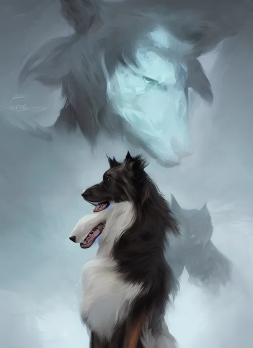 Prompt: wide angle beautiful full body portrait of a strong male anthropomorphic anthro border collie fursona, character design by charlie bowater, henry asencio, and ross tran, furry art, furaffinity, beautiful, glamor pose, detailed, aesthetic, trending on artstation