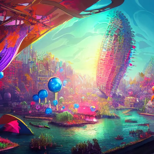 Image similar to a utopian city, filled with extremely colorful fauna, with bubbles floating around everywhere, dynamic lighting, fantasy concept art, trending on art station, stunning visuals, creative, cinematic, ultra detailed