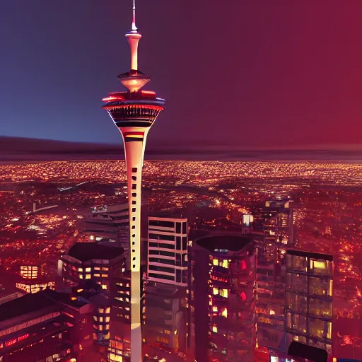 Image similar to auckland sky tower, red lighting, evil, artstation, octane render