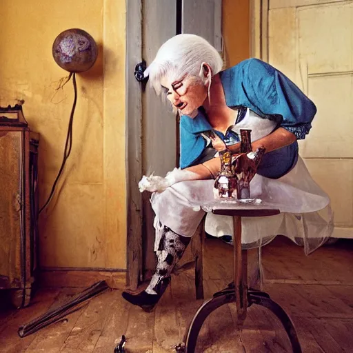 Image similar to full body protrait beautifull witch with white hair in old room. A cristal ball on a wood table with a potions and old instruments. A cat on the floor licking his paw. photorealistic, profesional photo, by Steve McCurry