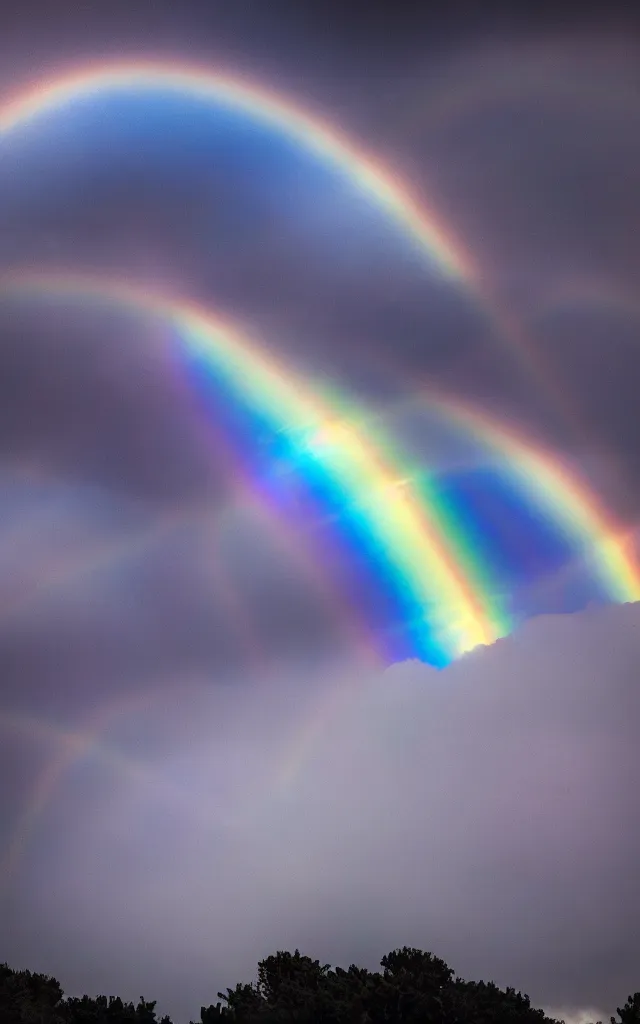 Prompt: dark night stormcloud, intricated multiple rainbows with emoji shapes, light gleams and beams photography