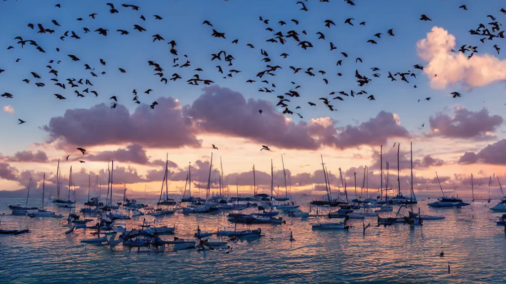 Prompt: sunset on caraibes, some boats, a few birds in the sky, sharp focus, photography 35 mm lens, paisible night lighting, incredible art photo shot