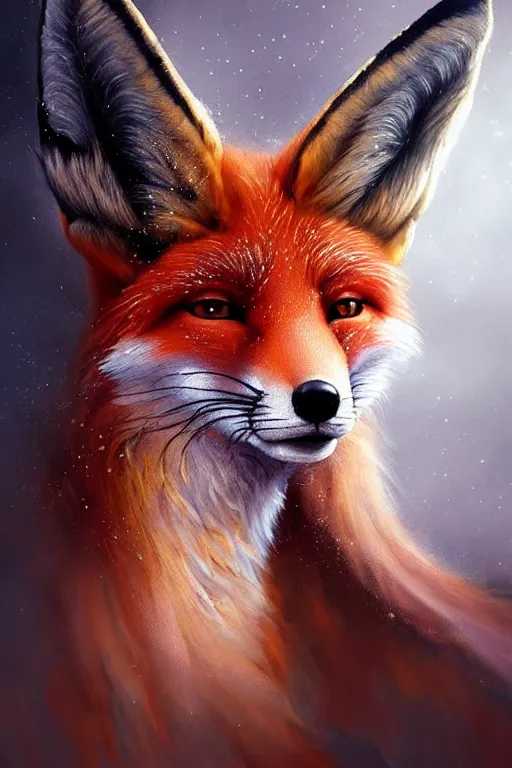 Image similar to majestic and regal portrait of a beautiful young female fox lady!!, fox ears, tail, intricate, epic, elegant, menacing, fantasy, highly detailed, digital painting, hard focus, beautiful volumetric lighting, epic light, ultra detailed, souls, smoke, by leesha hannigan, ross tran, thierry doizon, kai carpenter, ignacio fernandez rios