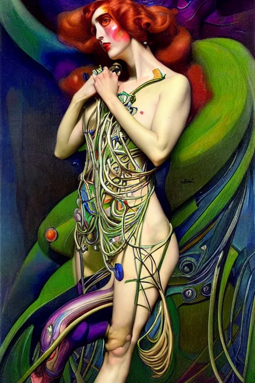 Prompt: prismatic cyborg goddess by steichen in the style of a modern tom bagshaw, alphonse muca, victor horta, gaston bussiere. anatomically correct. extremely lush detail. masterpiece. melancholic scene infected by night. perfect composition and lighting. sharp focus. high contrast lush surrealistic photorealism.