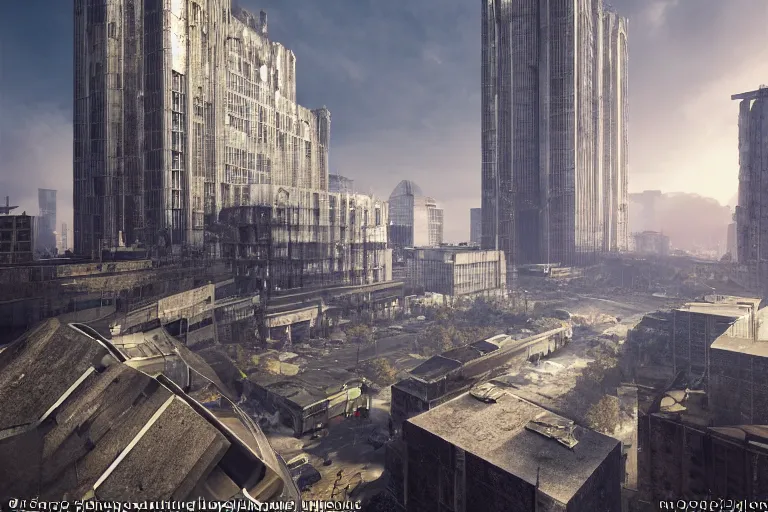 Image similar to streetscape, a towering cathedral of brutalist architecture, buildings covered with greebles, stunning volumetric light, sunset, metal, concrete and translucent material, stunning skies, majestic landscape, trending on Artstation, 8k, photorealistic, hyper detailed, unreal engine 5, IMAX quality, cinematic, epic lighting, in the style of Greg Rutkowski