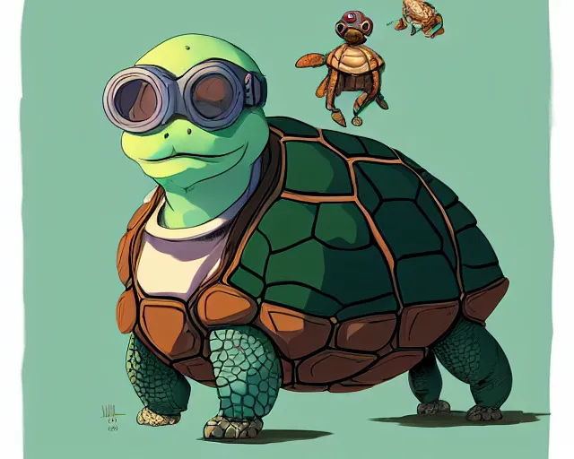 Image similar to cell shaded cartoon of an adorable turtle with a bulldog's head wearing goggles, concept art by josan gonzales and wlop, by james jean, victo ngai, david rubin, mike mignola, deviantart, art by artgem