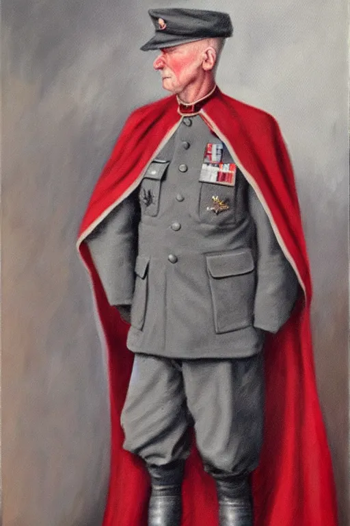 Prompt: ww 1 general wearing drab grey uniform, long red heroic cape on his back, oil on canvas