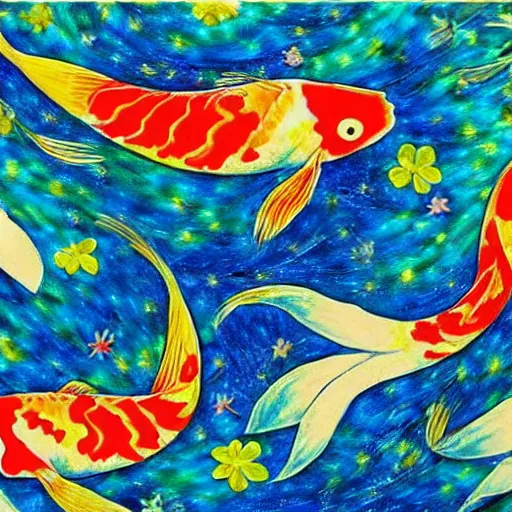 Image similar to koi fish in the style of Starry Night