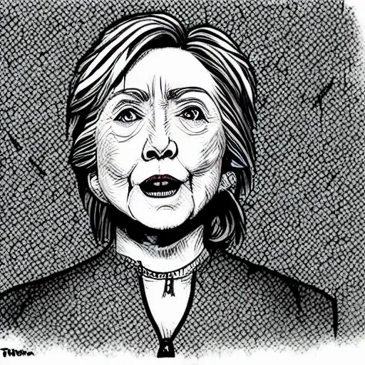 Image similar to Hillary Clinton in Jail, crying. illustration concept art in the style of Arthur Adams