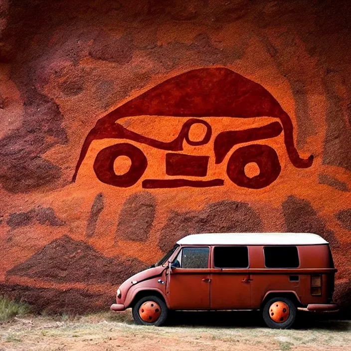 Image similar to red ocher painted on the wall image of ancient vw bus, mammoths and hunters, ancient prehistoric rock art in a cave style