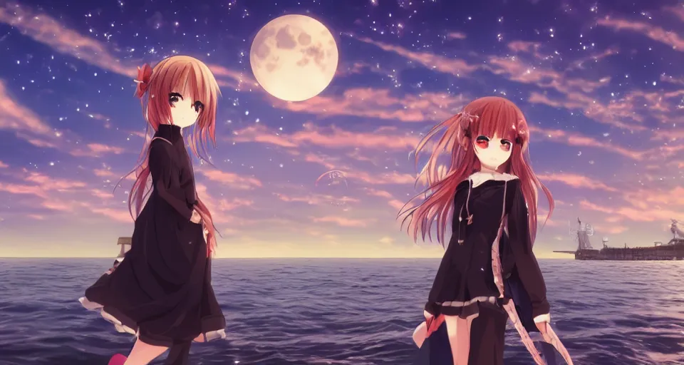 Image similar to one anime girl standing on a pier with the ocean as background at twilight, her blue shiny detailed eyes are looking at the camera, cute, big moon above the water, colorful, magical, detailed face, small nose and mouth, normal big anime eyes, 8k, based on Puella Magi Madoka Magica