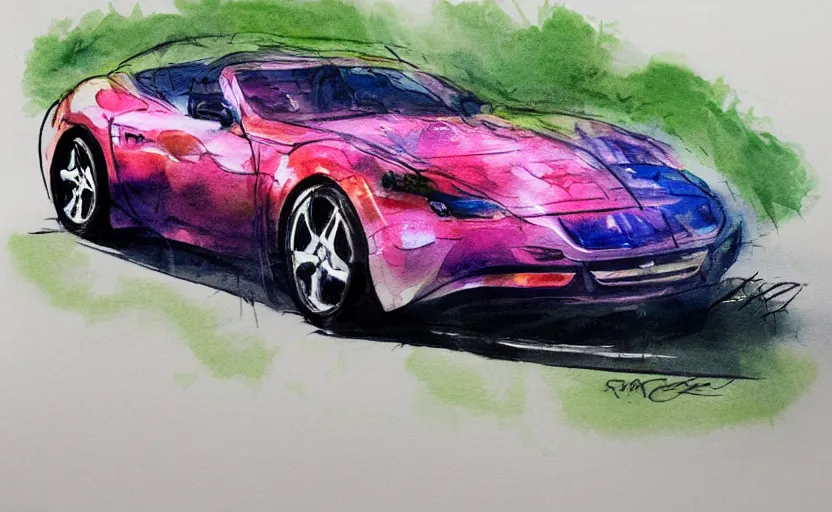 Prompt: colorful watercolor sketch, sport car