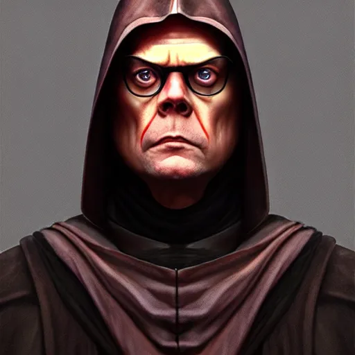 Image similar to dwight schrute dressed as a sith lord, realistic portrait, symmetrical, highly detailed, digital painting, artstation, concept art, smooth, sharp focus, illustration, cinematic lighting, art by artgerm and greg rutkowski and michael whelan