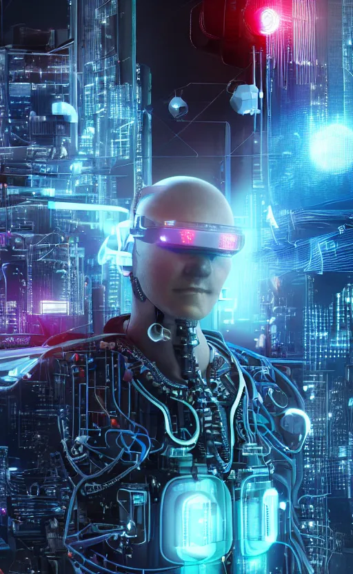 Prompt: a beautiful photo of a middle - aged bionic male cyborg, cyberpunk, circuit boards, electronic components, integrated vr headset, augmented vision, volumetric light, photography, dynamic lighting, color, intricate, extremely detailed, photorealistic, stunning, unreal engine 5