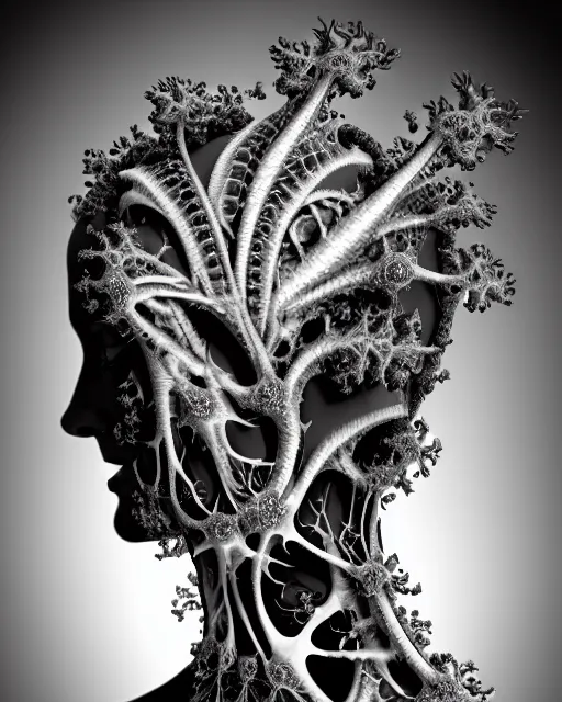 Prompt: a black and white high quality photo of a young beautiful female queen-vegetal-dragon-cyborg bust with a very long neck and Mandelbrot fractal face, Mandelbrot fractal skin, flesh, anatomical, facial muscles, veins, arteries, elegant, highly detailed, flesh highly baroque ornate, hair are wired cables, elegant, high fashion, rim light, octane render, in the style of Diane Arbus, Realistic, Refined, Digital Art, Highly Detailed, Cinematic Lighting, rim light, black and white, photo-realistic, 8K