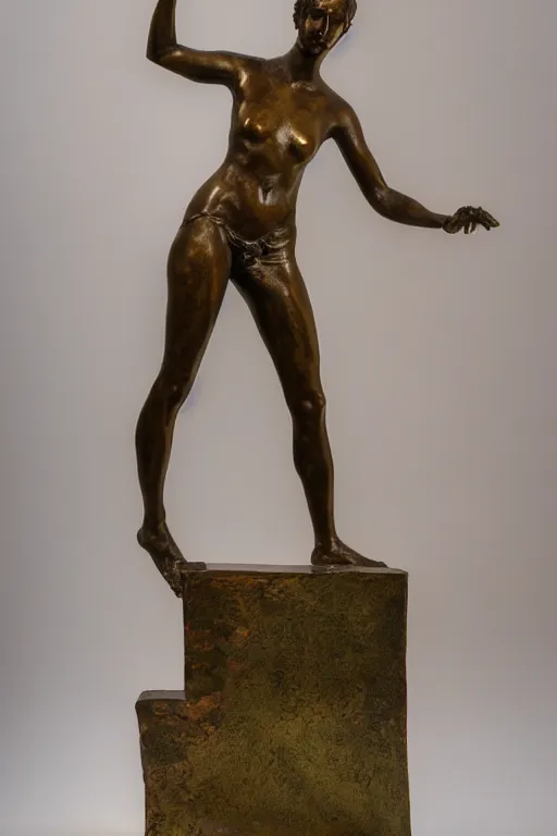 Prompt: detailed photo of famous old bronze patina statue of woman, various poses, photorealism, intricate detail, a few light reflexions, museum diffuse lighting