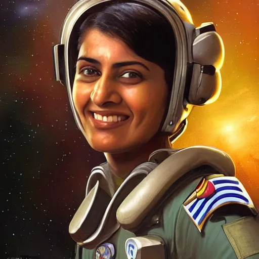 Prompt: a female space cadet from india, resting after a hard mission, happily tired, sci fi character portrait by Mark Arian