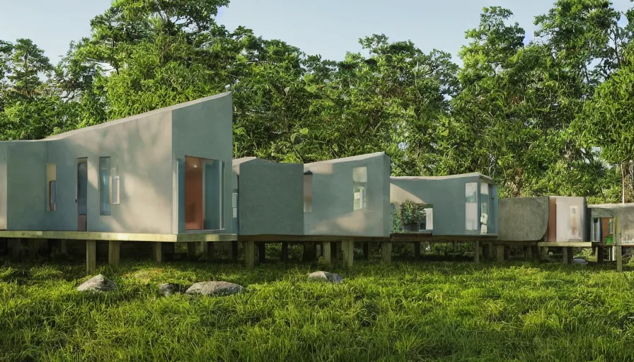 Prompt: A wide image of an eco-community of innovative contemporary 3D printed prefab sea ranch style cabins with rounded corners and angles<photobomb>alpaca</photobomb>, beveled edges, made of cement and concrete, organic architecture, in a lush green forest Designed by Gucci and Wes Anderson, golden hour