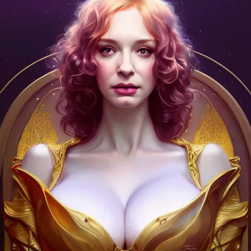 Image similar to christina hendricks wearing a white periwinkle, sci fi, glowing eyes, volumetric lights, gold theme, art nouveau botanicals, intricate, highly detailed, digital painting, artstation, concept art, smooth, sharp focus, cinematic, illustration, beautiful face, art by artgerm and greg rutkowski and alphonse mucha