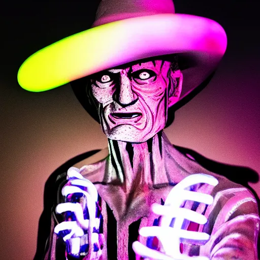 Prompt: 3/4 view portrait of Freddy Krueger, dramatic low-key neon lighting, light painting, editorial photo from magazine,