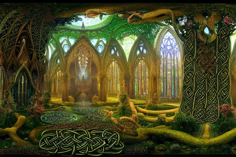 Prompt: a beautiful and highly detailed digital painting of a celtic elven cathedral in a beautiful garden in a mystical forest, intricate celtic patterns, intricate psychedelic details, epic scale, insanely complex, cgsociety, 8 k, sharp focus, hyperrealism, by alex grey, caspar friedrich, albert bierstadt, james gurney, brian froud,