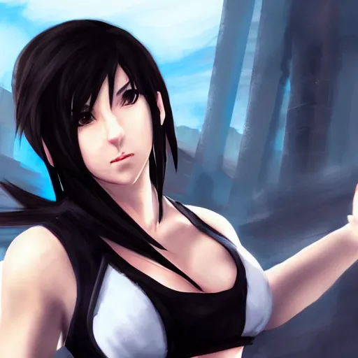 Image similar to high quality art of tifa lockhart with a black wing, trending on artstation