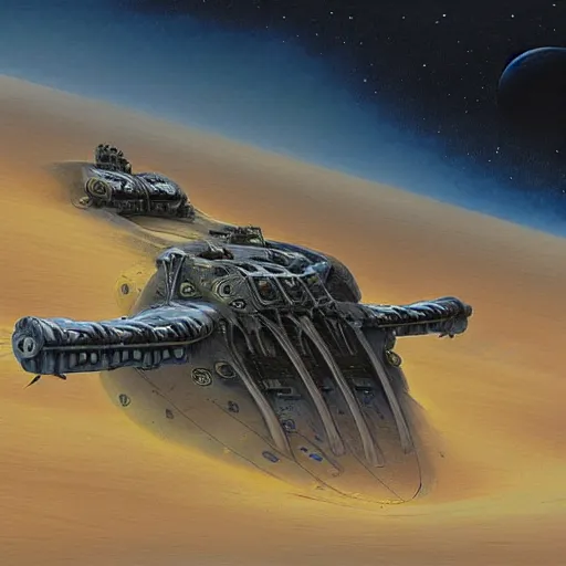 Prompt: dropship wreck in the Gobi desert scifi by Jim Burns