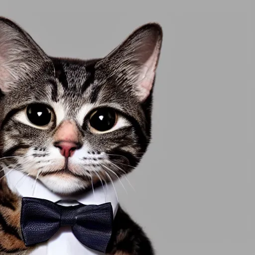 Image similar to A cat wearing a hat and has a miniature bow tie, hyper realistic, HD, HQ, photo realistic