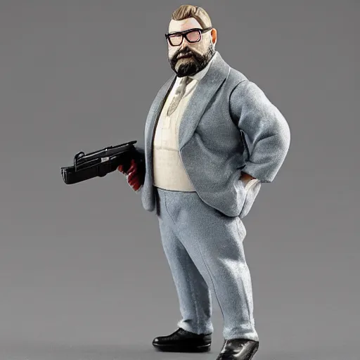 Prompt: action figure of a chubby white male with a beard and wearing glasses, holding a gun,