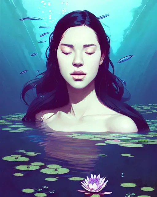 Image similar to hyper - realistic portrait of a woman underwater, water lilies, by atey ghailan, by greg rutkowski, by greg tocchini, by james gilleard, by joe fenton, by kaethe butcher, dynamic lighting, gradient light purple, brown, blonde cream and white color scheme, grunge aesthetic