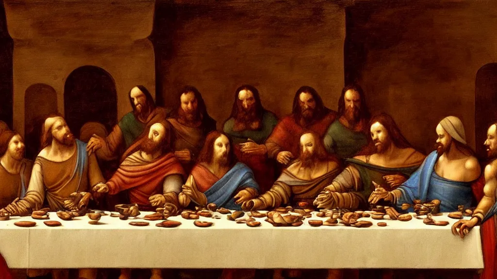 Image similar to mandalorian at the last supper, by leonardo davinci, concept art, oil painting, art station