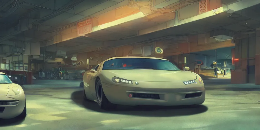 Prompt: a wholesome animation key shot of a focused car parked in an undergroud parking lot, medium shot, waist up, studio Ghibli, Pixar and Disney animation, sharp, very detailed, high resolution, Rendered in Unreal Engine 5, anime key art by Greg Rutkowski, Bloom, dramatic lighting