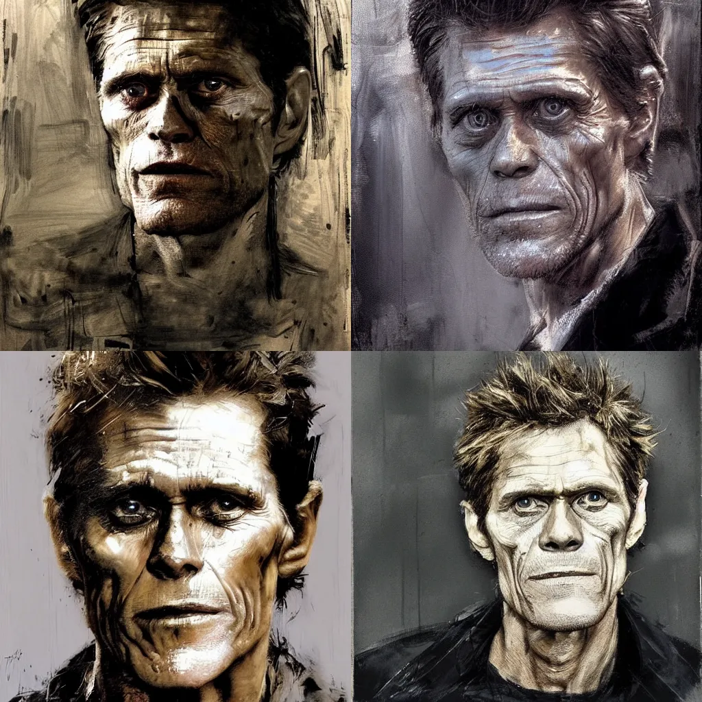 Prompt: a portrait of Willem Dafoe, art by Guy Denning, matte painting, high detail, award winning, photorealistic