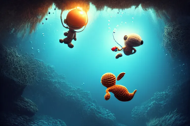 Image similar to a baby crochetbunny diving underwater. cute, illustration, digital art, inspired by little big planet, by greg rutkowski, sharp, masterpiece, highly detailed, photorealistic, octane render, 8 k, unreal engine 5, trending on artstation, vivid colors