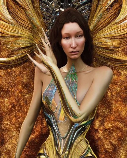 Prompt: a highly detailed metahuman 4 k close up render of an alien goddess bella hadid nymph in iris van herpen dress schiaparelli in diamonds crystals swarovski and jewelry iridescent in style of alphonse mucha gustav klimt trending on artstation made in unreal engine 4