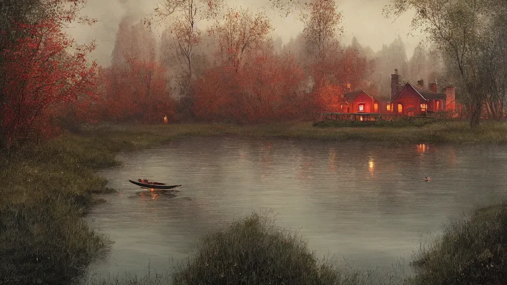 Image similar to small red wooden cottage by the lake, lanterns in the front of the cottage, smoke coming out of the chimney, dusk, birch trees, tranquility, two swans swimming in the lake, a rowing boat, by Greg Rutkowski, by Charlie Bowater