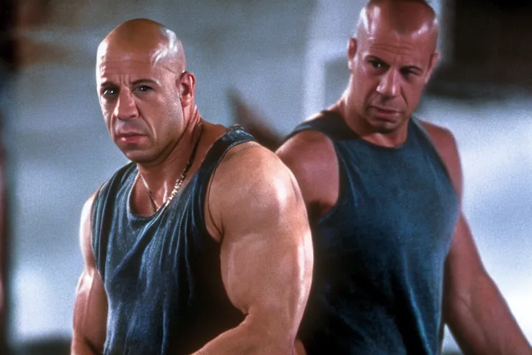 Image similar to film still of Vin Diesel as John McClane in Die Hard 1988