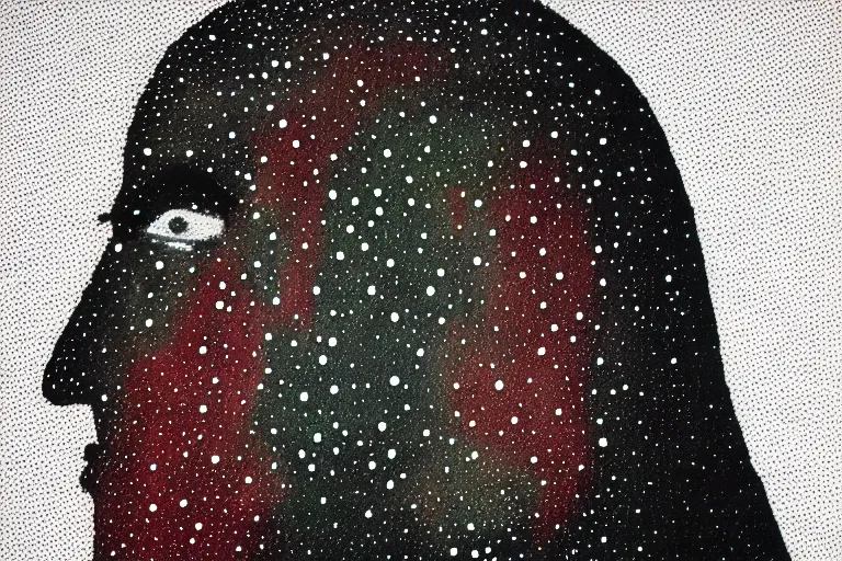 Image similar to face made out of planet, faceless people dark, dots, drip, stipple, pointillism, technical, abstract, minimal, style of francis bacon, asymmetry, pulled apart, cloak, hooded figure, made of dots, abstract, balaclava