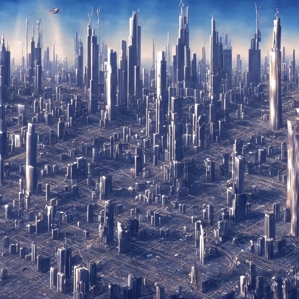 Prompt: moscow city view from movie the fifth element 1 9 9 7, skyscrapers and flying cars, panoramic, perspective