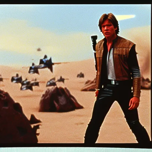 Image similar to star wars sequel made in the 1 9 9 0 s, harrison ford han solo, luke skywalker mark hamill, ilm, hyper realistic, film grain, vhs polaroid