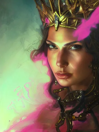 Image similar to pink portrait of young beautiful female angel queen Gal Gadot head wearing shiny pink crown, subtle purple accents, hyper details, black metal rococo, sculpted by Alex Alice, Craig Mullins, yoji shinkawa, trending on artstation, beautifully lit, Peter mohrbacher, hyper detailed, insane details, intricate, elite, elegant, luxury, ray of light through smoke, CGsociety, hypermaximalist, golden ratio, background urban cityscape, night, neofuture, volumetric, octane render, weta digital, micro details, 3d sculpture