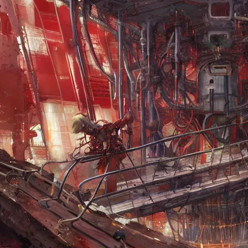 Prompt: red 🧥♀ on a biopunk ship, by jon foster