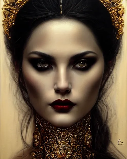 Image similar to portrait of a beautiful goddess, enigmatic beauty, dominant shades of black, gold, silver, dark red, white, head in focus, fantasy art, ornamental aesthetics, intricate, elegant, highly detailed, hyperrealistic painting, artstation, concept art, painterly, sharp focus, illustration, art by karol bak