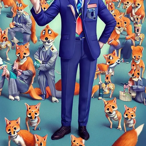 Image similar to a cute male anthropomorphic vulpes vulpes fulva teacher wearing suit working at a school, pixar style, by tristan eaton stanley artgerm and tom bagshaw.